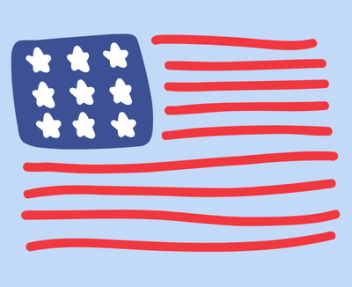 An American flag graphic on a light blue background.