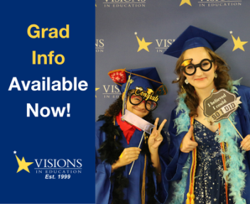 White and yellow text that says "Grad Info Available Now!" with the Visions logo underneath, next to a photo of two smiling graduations in front of a Visions backdrop holding graduation props.