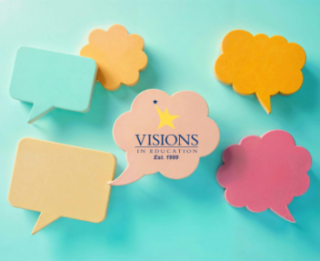 Multicolored speech and thought bubbles on a teal background with the Visions logo in the center.