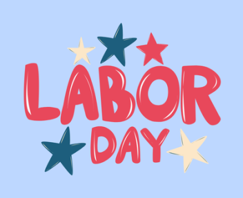 The words "Labor Day" surrounded by cartoon stars on a light blue background.