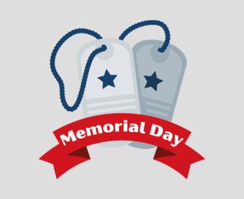Two silver and navy military dog tags with a red ribbon that says "Memorial Day" on a light gray background.