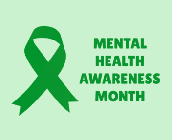 A green ribbon next to green text that reads "Mental Health Awareness Month"