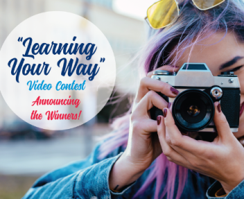 Learning your way video contest announcing the winners banner with high school teen taking photo