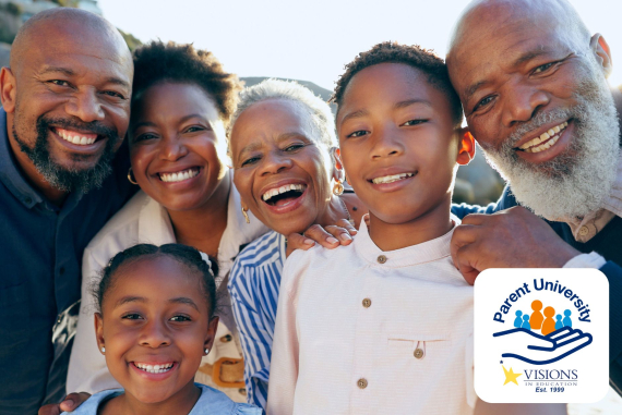 Family smiling together with the Visions in Education Parent University logo