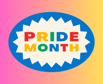 The words "Pride Month" in rainbow colors on a pink and yellow gradient background.