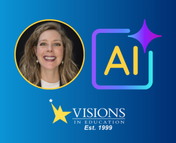 A photo of Visions Director of Educational Technology and Strategic Projects Sarah McFarland next to a graphical representation of Artificial Intelligence.
