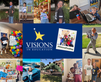 Collage of Visions students on the first day of school with the Visions logo in the center