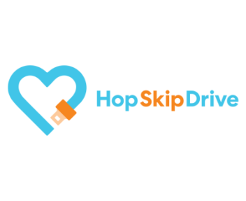 HopSkipDrive logo - a blue and orange seatbelt in the shape of a heart with the words "HopSkipDrive" next to it.