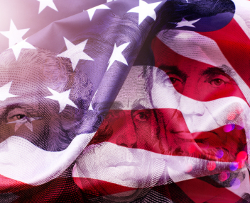 Happy Presidents Day Concept with the US national Flag against a collage of four American Presidents portraits cut of Dollar bills.